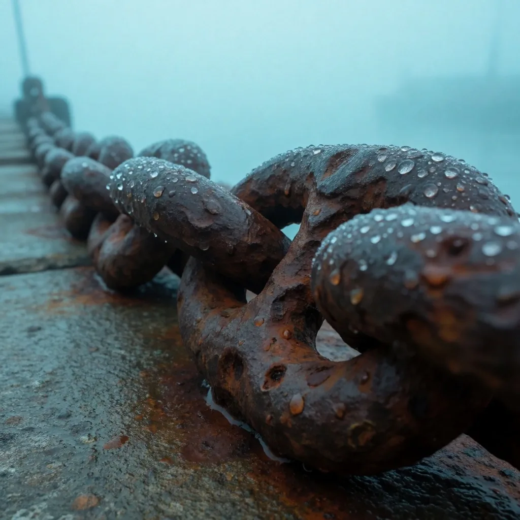 Cadena de ancla sobre muelle húmedo