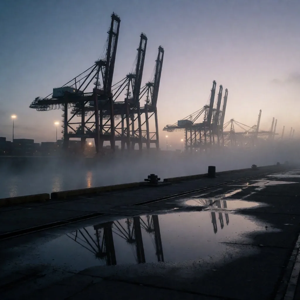Puerto de Buenos Aires al amanecer con niebla