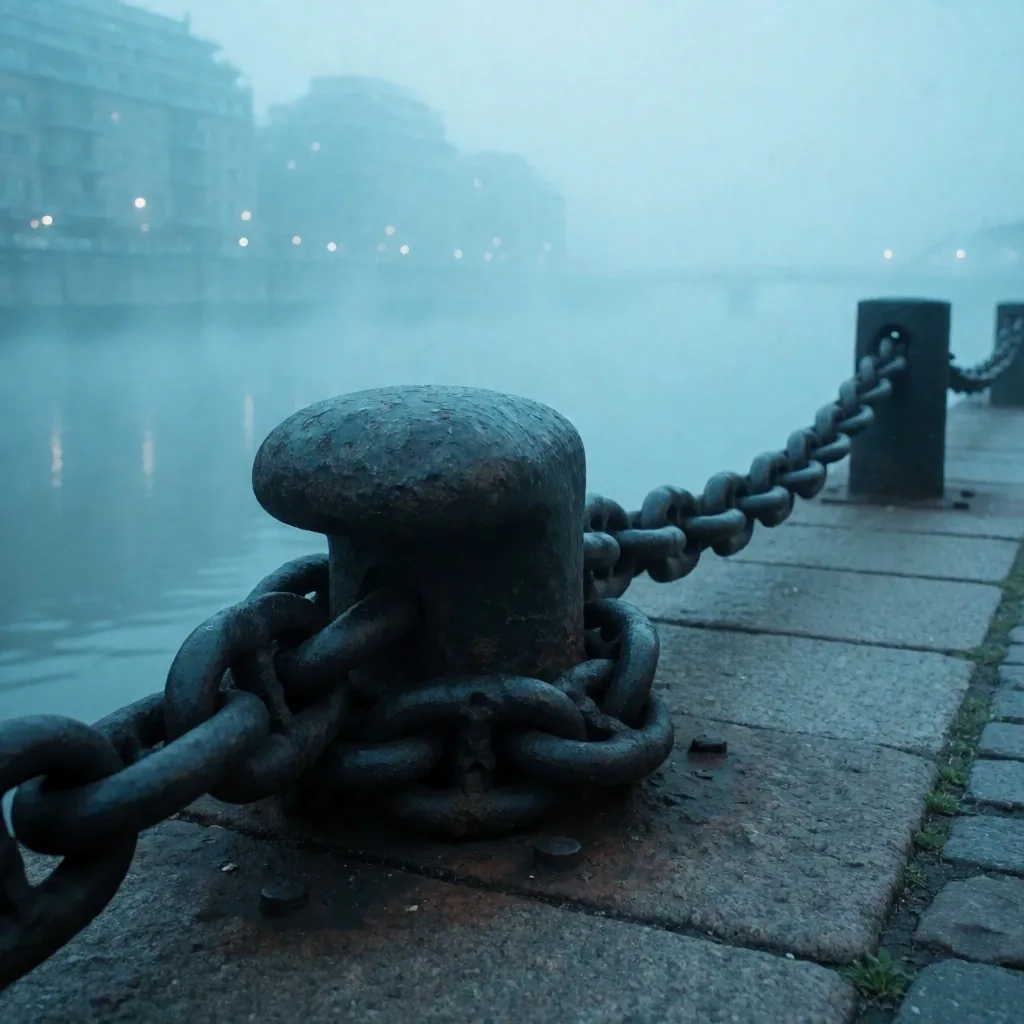 Ancla de hierro pesado sobre una placa de metal oxidada con niebla de puerto al fondo