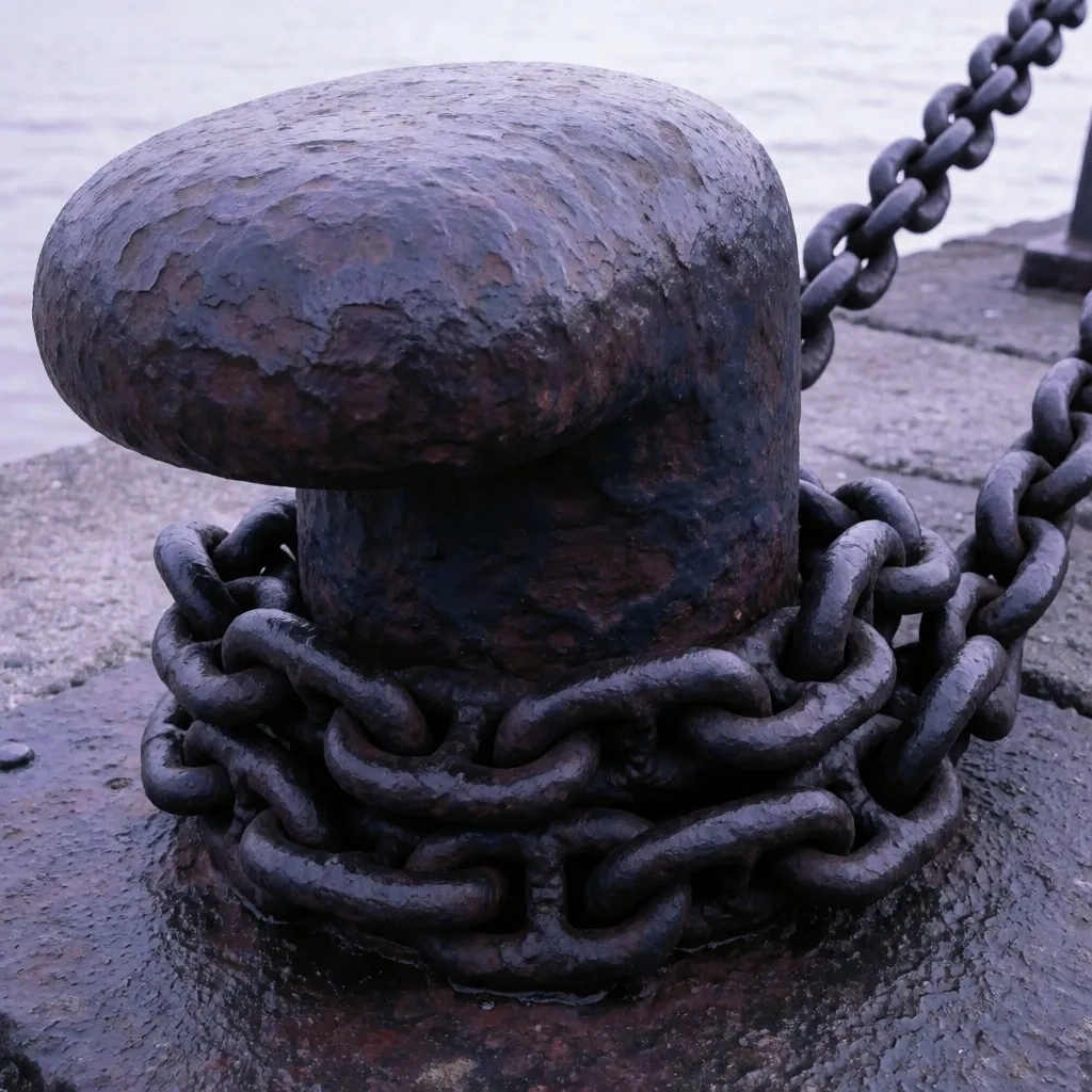 Bitola de hierro oxidada en un muelle de hormigón con cadena enrollada