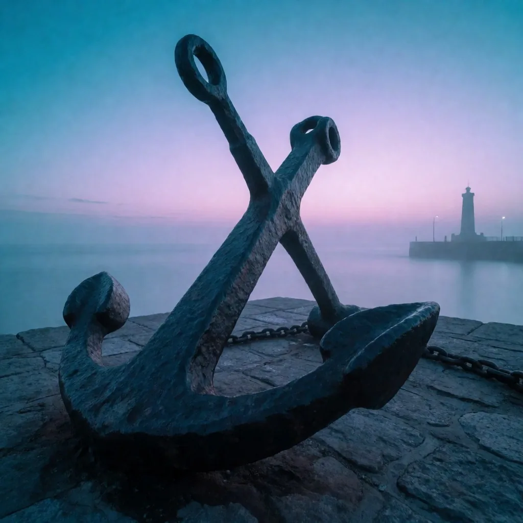 Fjord ferry slip covered in mist at dawn with heavy iron chains on a wet concrete slipway