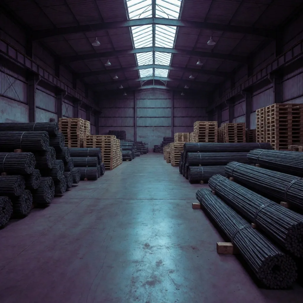 Interior de depósito industrial con materiales de construcción apilados y barras de acero