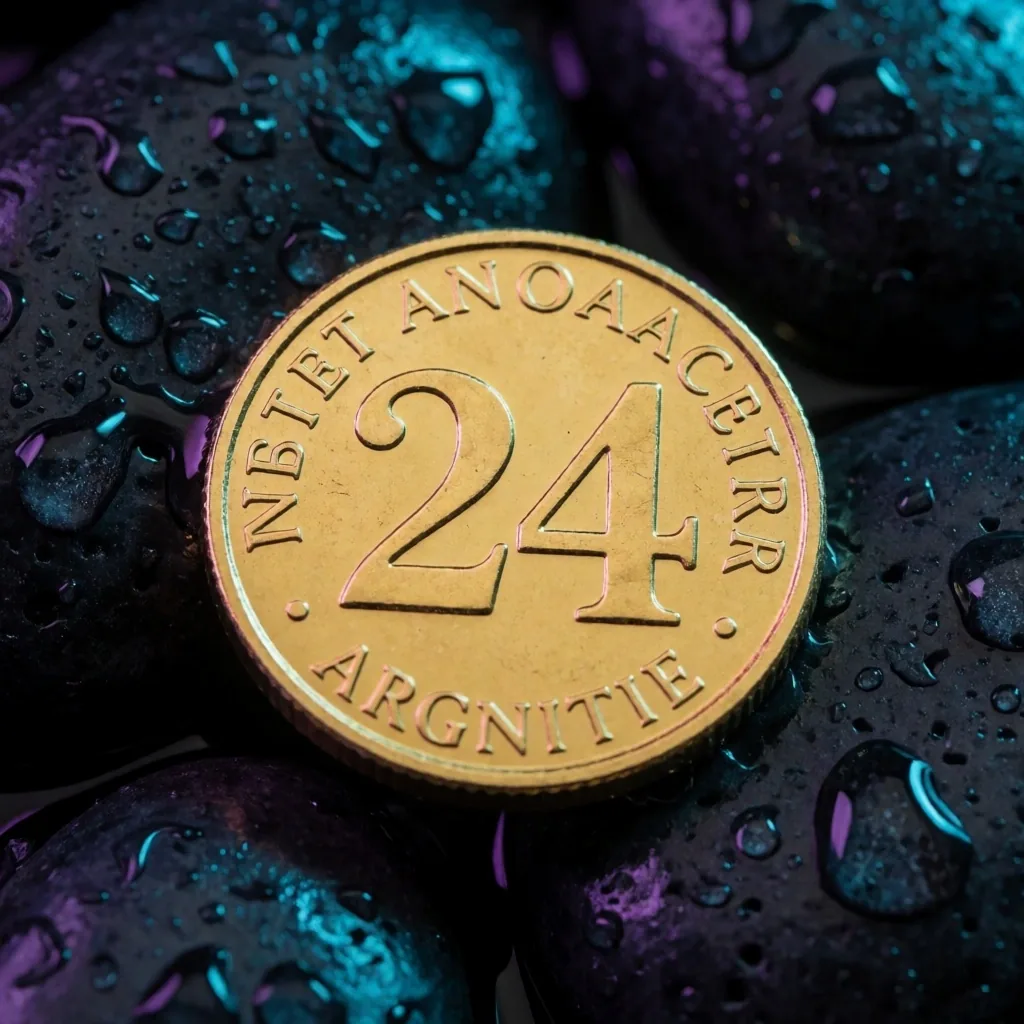 Moneda de oro sobre superficie de piedra oscura húmeda con luz ambiente cian-violeta