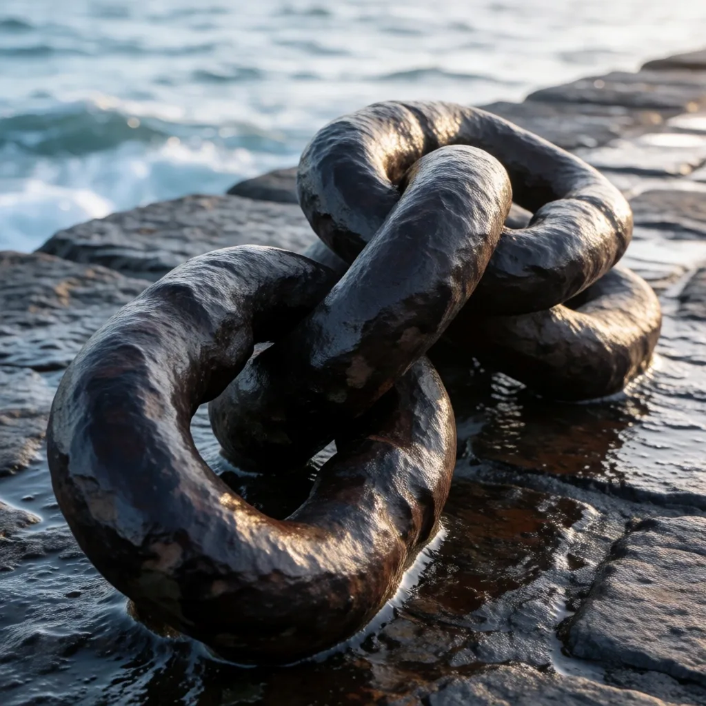 Cadena de ancla de hierro sobre muelle mojado