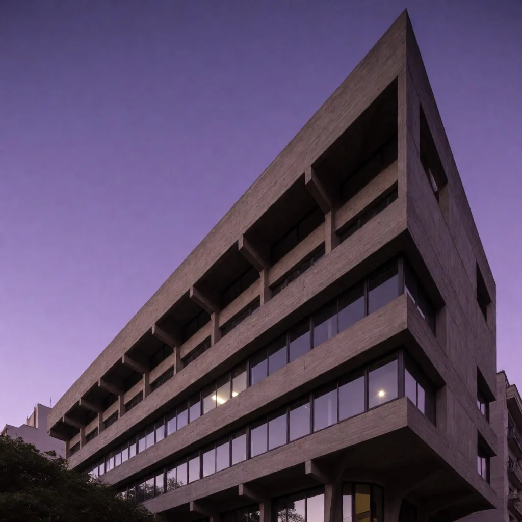 Edificio de arquitectura brutalista en Buenos Aires al atardecer