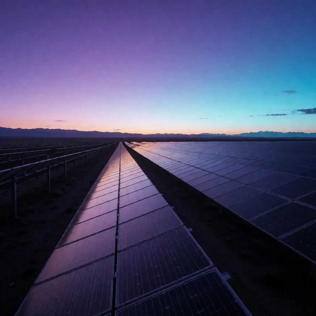 Parque de paneles solares al atardecer