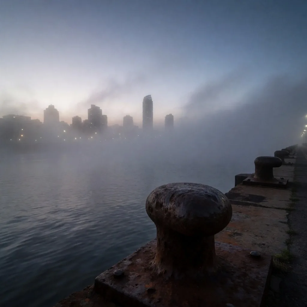 Niebla marítima sobre el puerto de Buenos Aires al amanecer