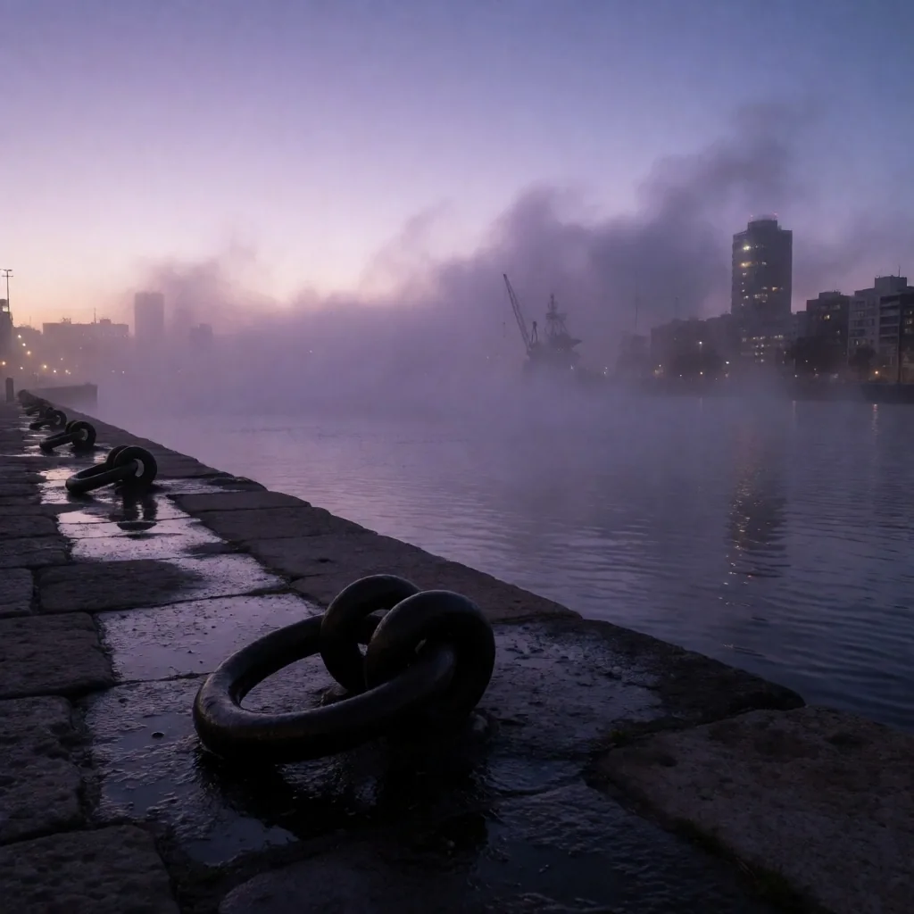 Niebla sobre un puerto antes del amanecer