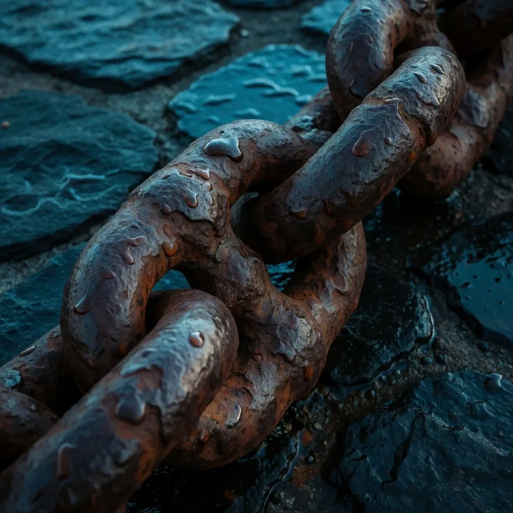 Cadena de ancla de hierro sobre piedra húmeda