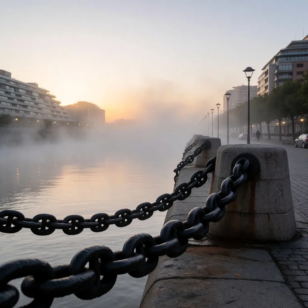 Horizonte de fjord al amanecer con niebla y cadenas de hierro