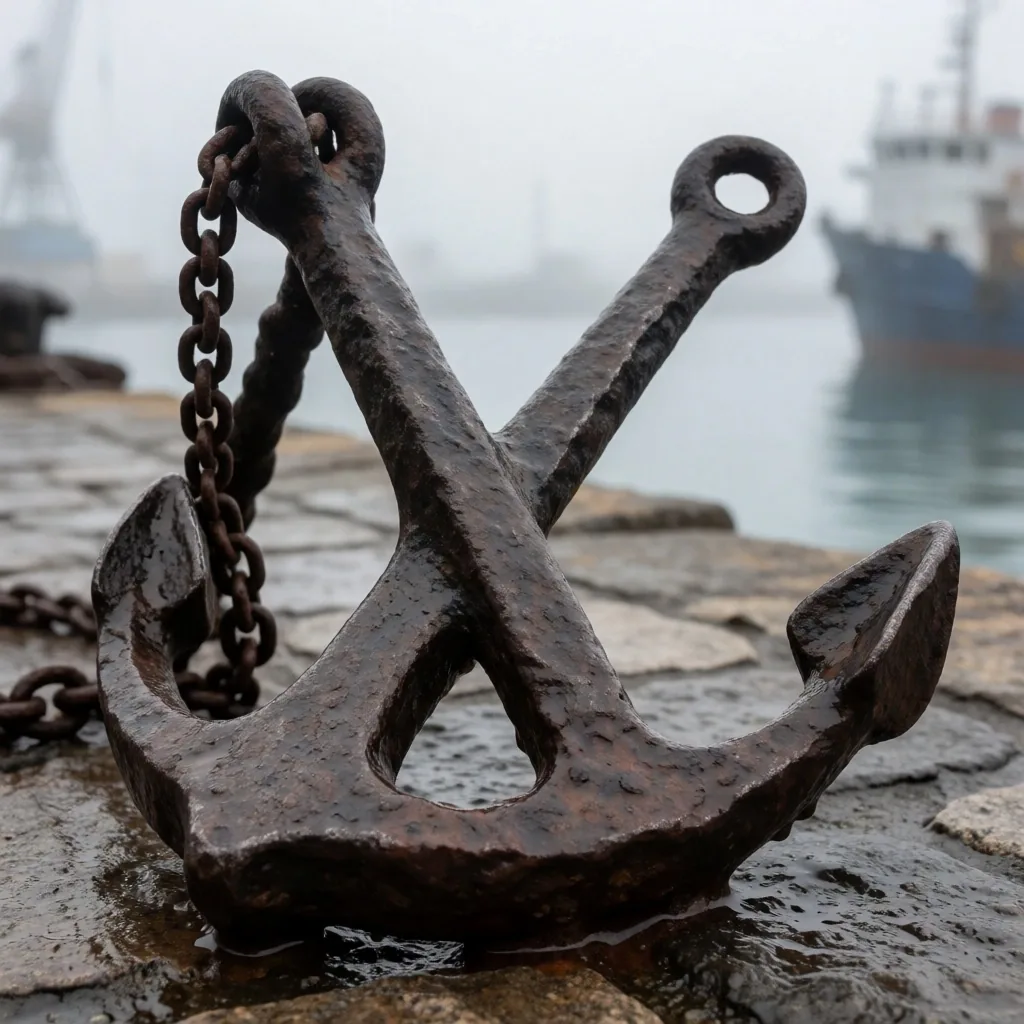 Ancla de hierro sobre muelle húmedo